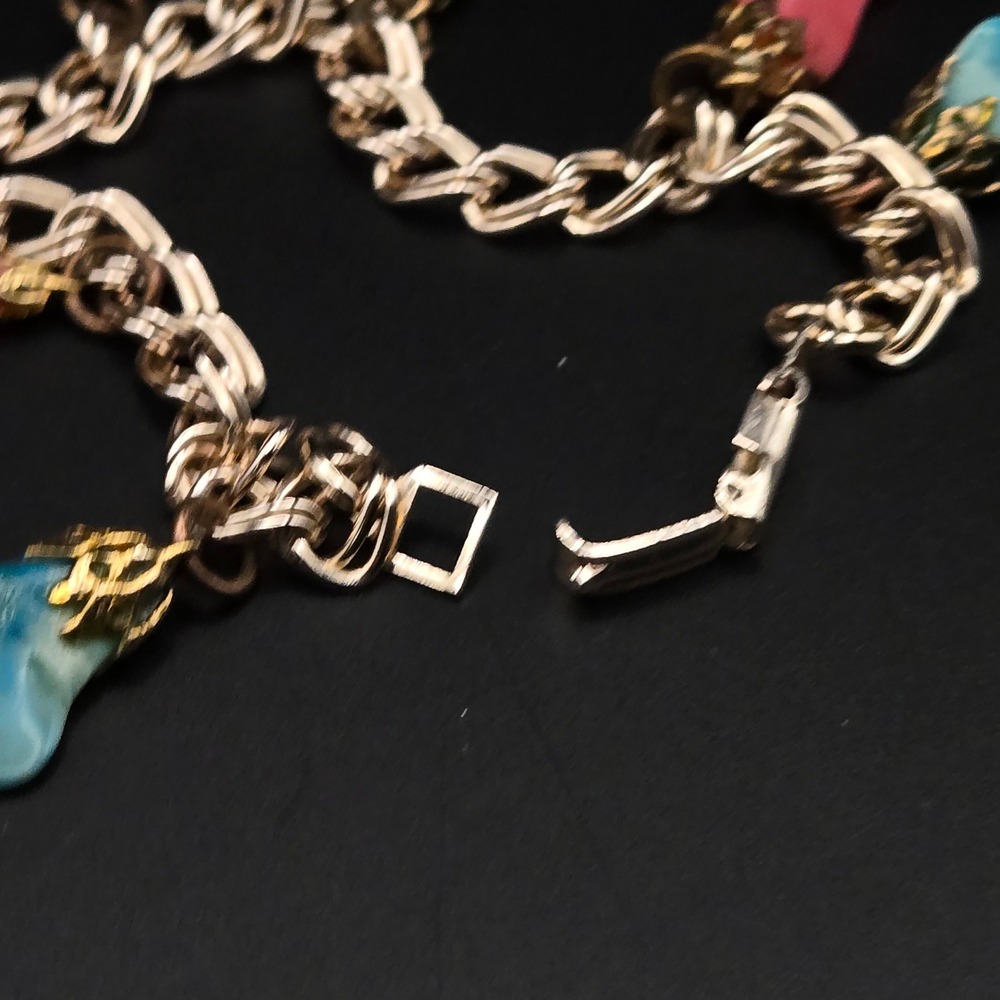 Vintage Germany Gold Tone Double Link Multi Color Tumbled Stone Charm‎ Bracelet - Picture 3 of 7